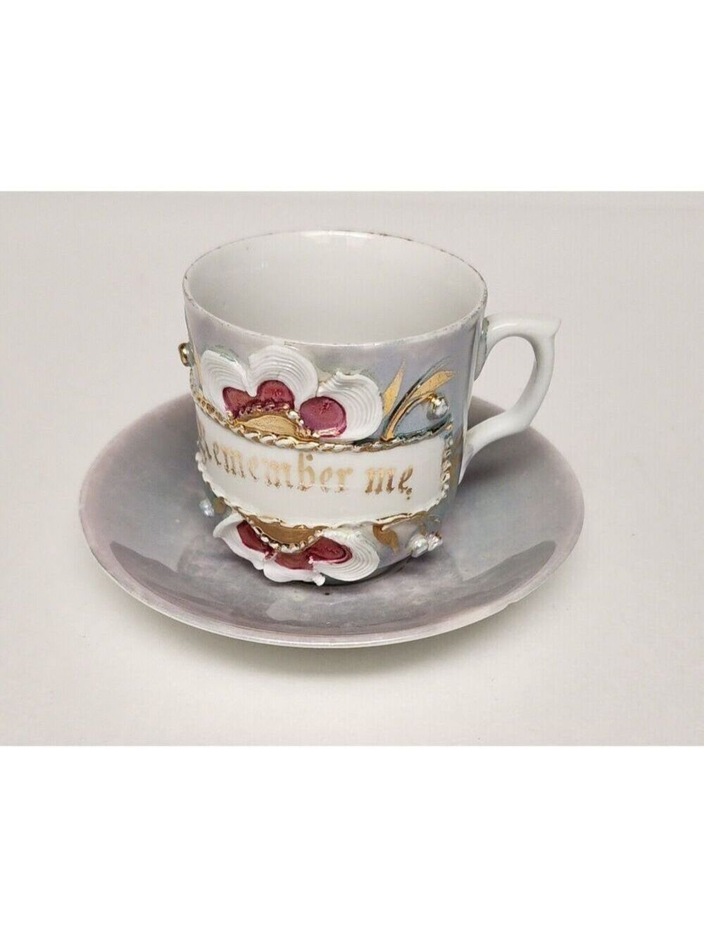 Vintage Germany Porcelain “Remember Me” Friendship Mug Raised Flower